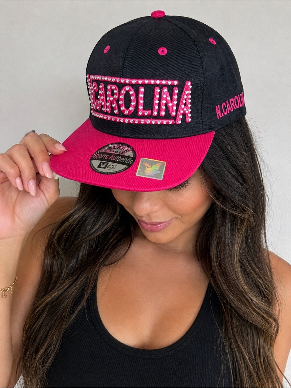 Women’s North Carolina Bling Snapback Hat Black‎ Pink Rhinestone Cap